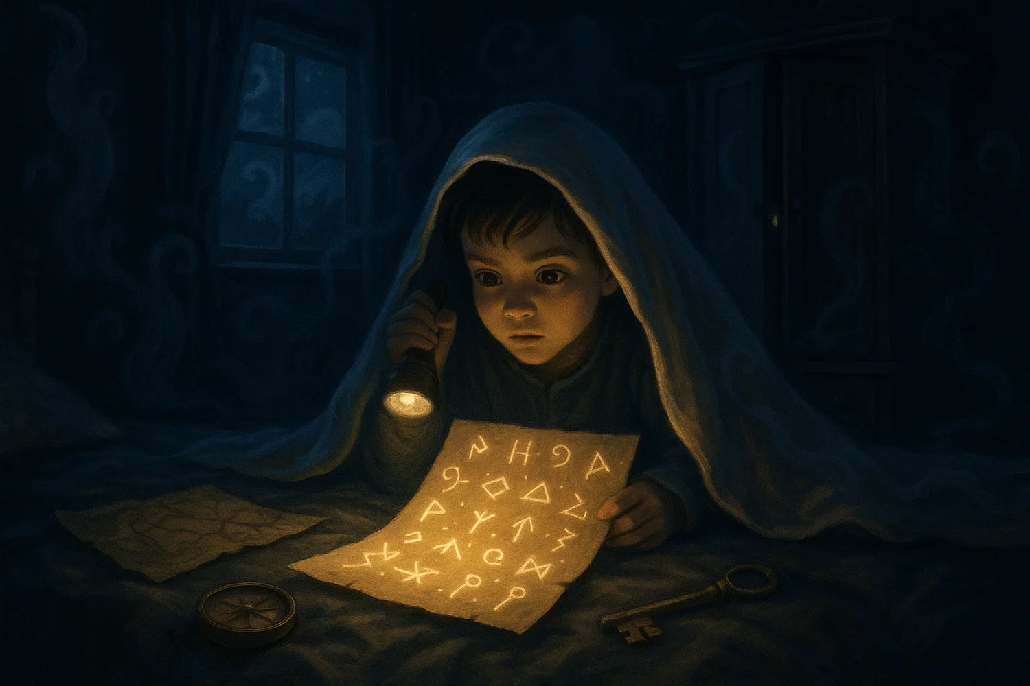 Child in a dark room holding a lantern and a sheet of paper with symbols, surrounded by mystical objects.
